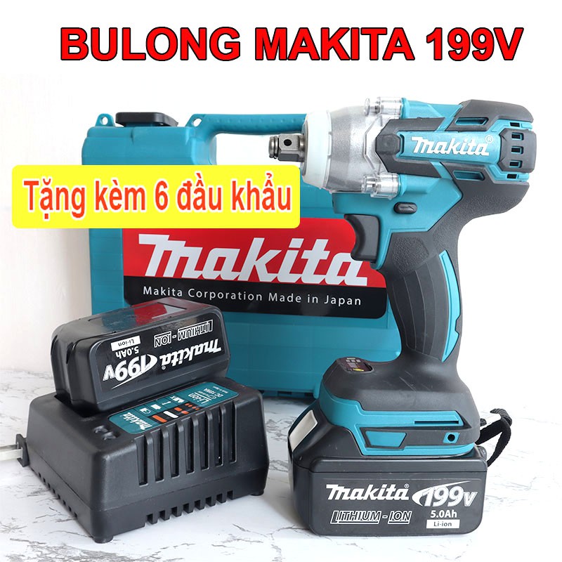 Máy siết bulong Makita 199V, máy siết bulong loại 1, tặng bộ đầu chuyển 6 đầu khẩu đa năng, Pin chuẩn 10Cell