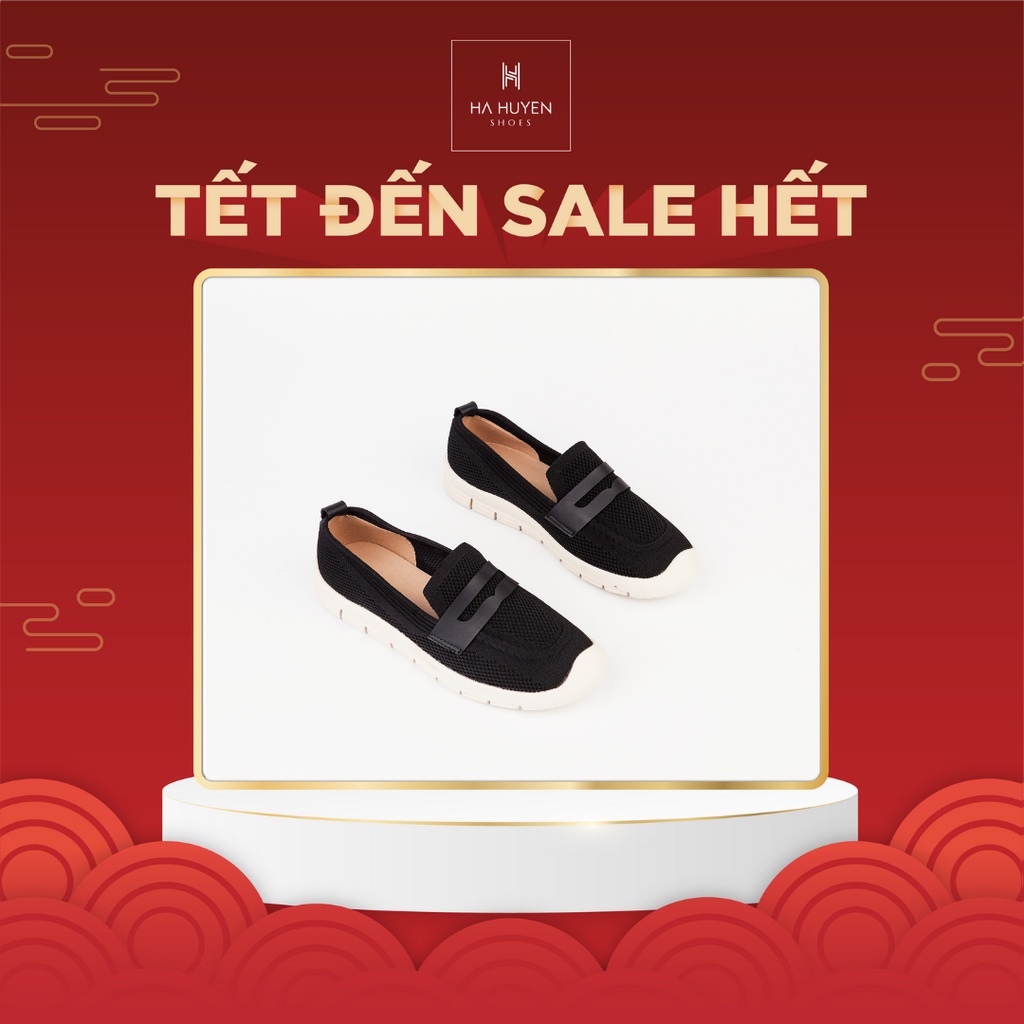 Giày slip on nữ Hà Huyền Shoes vải len lỗ phối đai da ngang dáng thể thao năng động - TT135