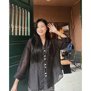 Áo sơ mi see-through tay dài chạy chỉ thời trang GAGO màu đen GA3884