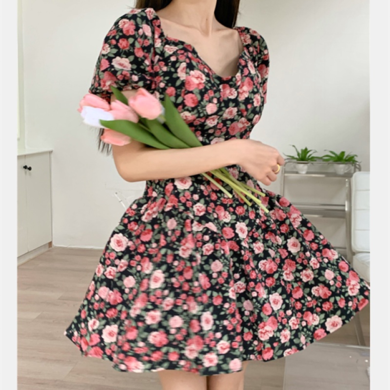 Đầm Hoa Cổ Vuông Ngắn Tay Thời Trang Mùa Hè Dành Cho Nữ