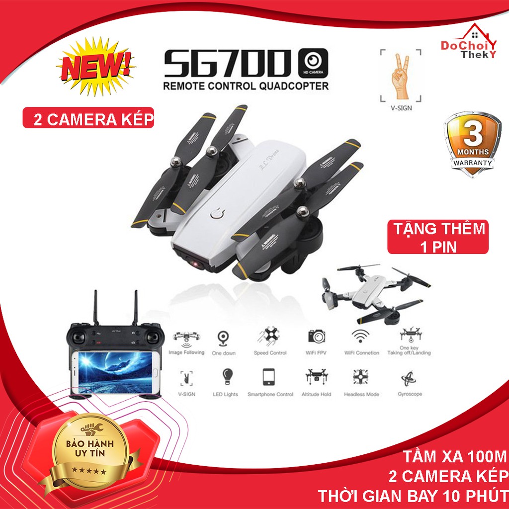 ( COMBO 2 PIN ) Flycam SG 700 2 camera 2.0Mpa, chụp ảnh bằng cử chỉ, Video HD 720P, cảm biến di chuyển theo bàn tay