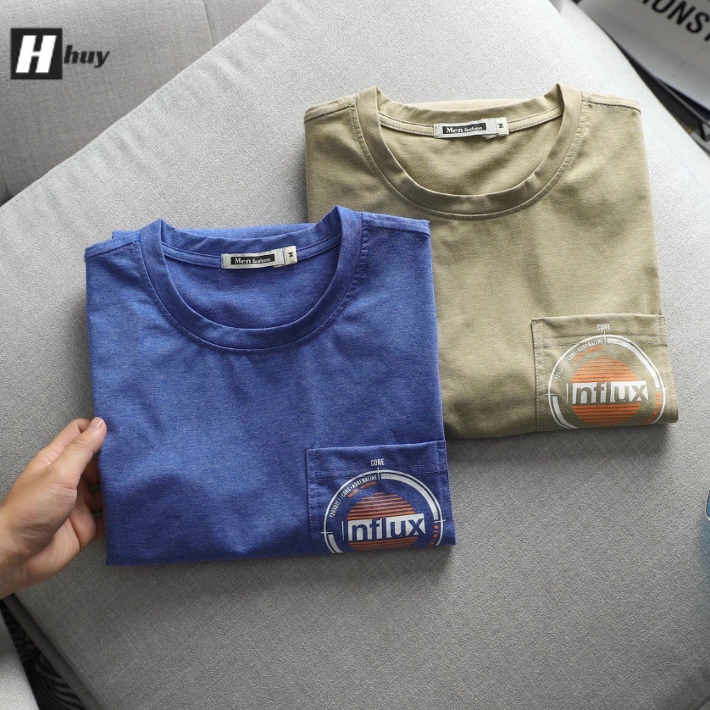 Áo thun nam cổ tròn phối túi in họa tiết chữ đơn giản, basic, ngắn tay, chất liệu vải 100% cotton