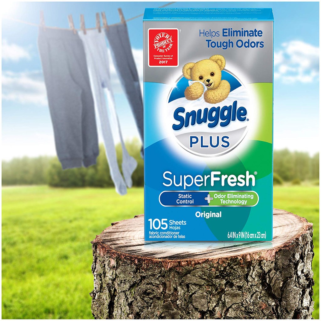 Hộp 105 Tờ Giấy Sấy Thơm Khử Mùi Hôi Và Mềm Vải Snuggle Plus SuperFresh Fabric Softener Dryer Sheets (Mỹ)