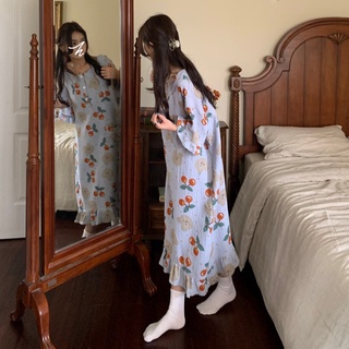 Đầm ngủ xô muslin hoạ tiết cherry dâu mẹ bầu phong cách kẹo ngọt hai màu xanh hồng freesize ulzzang