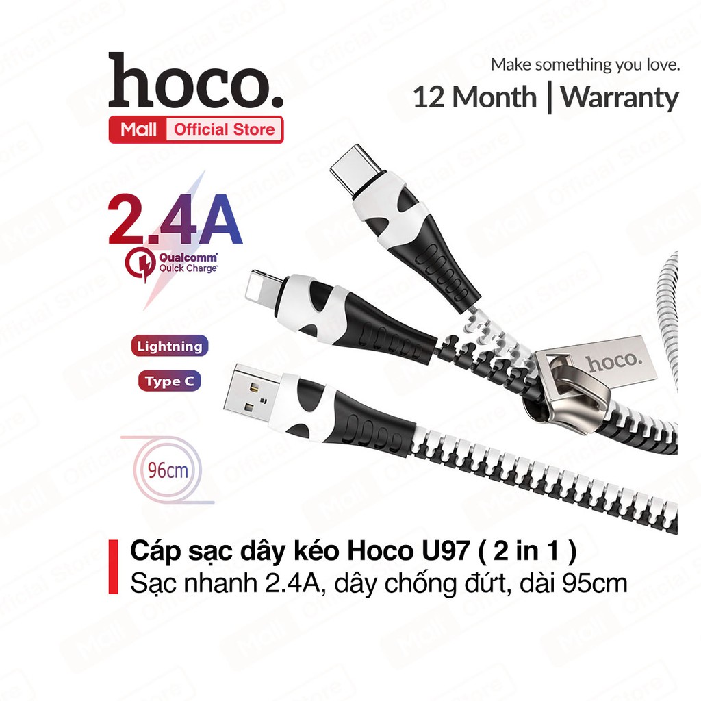 Cáp sạc dây kéo Hoco U97 2in1 ( I.p + Type-C ) sạc nhanh 2.4A, chất liệu dây chống đứt, gãy gập, dài 96cm
