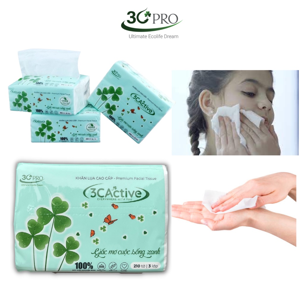 Giấy rút lụa mini cao cấp 3C Active, 100% bột giấy nguyên sinh, 210 tờ 3 lớp siêu mềm, siêu dai