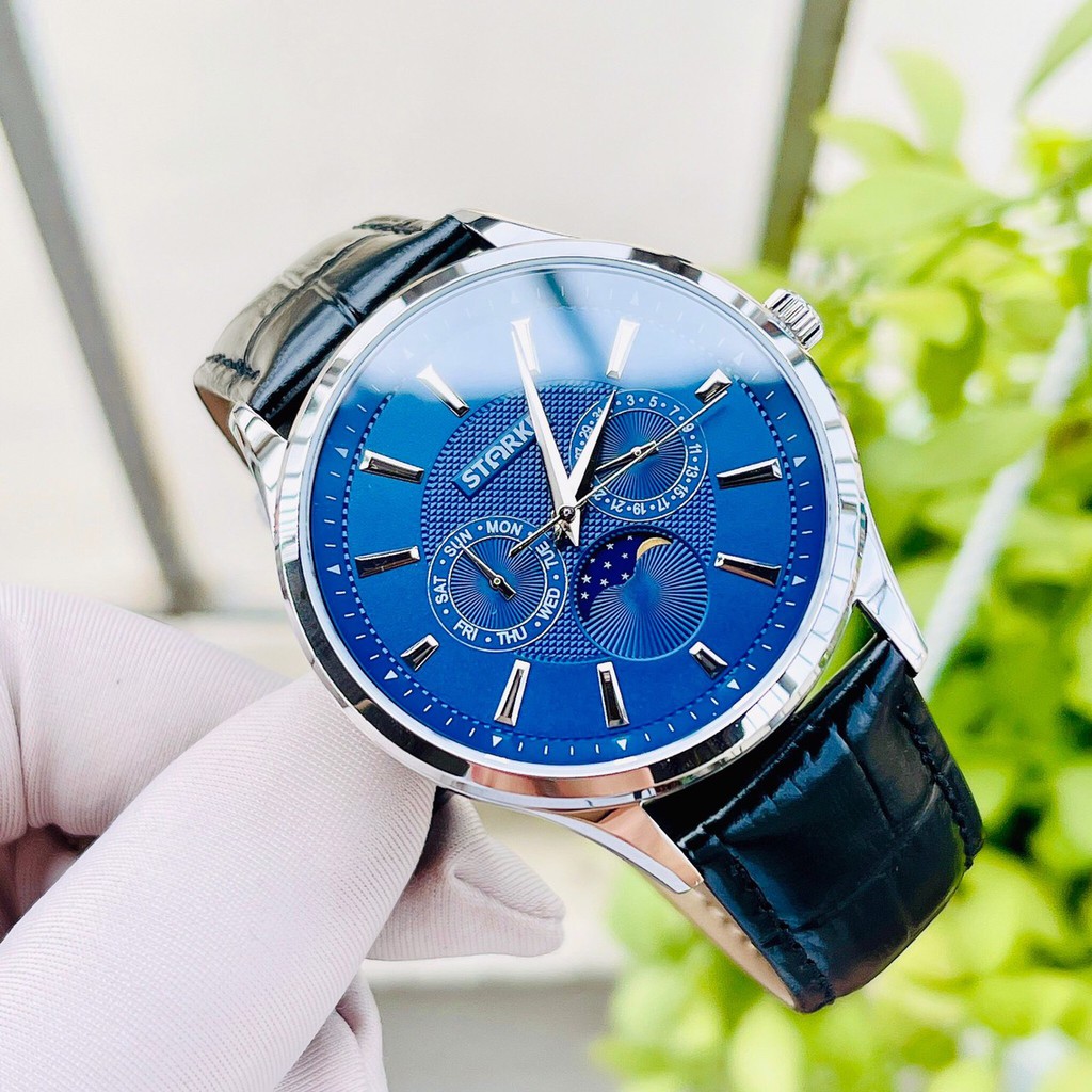 Đồng Hồ Nam Starke Chính Hãng Moonphase Mặt Đen Chống Xước, Chống Nước