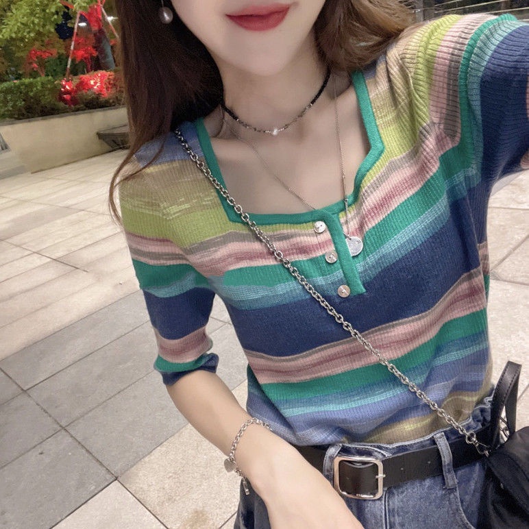 COZOK Áo Thun Dệt Kim Ngắn Tay Cổ Vuông Họa Tiết Sọc Cầu Vồng Cá Tính