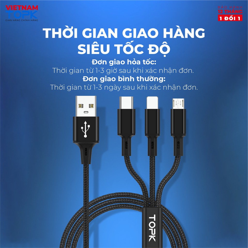 Dây sạc 3 đầu (iPhone, Type-C, Micro) dùng cho điện thoại TOPK AN20 Vỏ bện nylon dài 1.2m - Hàng phân phối chính hãng