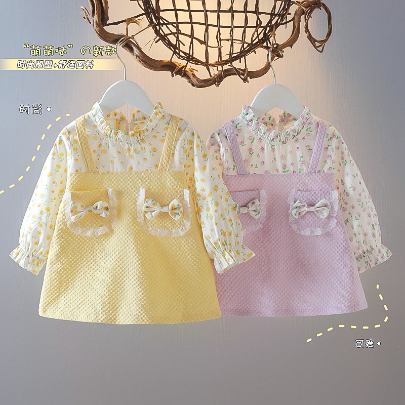 Trẻ Em Quần Áo Trẻ Em Bé Gái ღ Đầm Xuân Thu 2021 Phiên Bản Hàn Quốc Trẻ Em✽Váy hoa hai mảnh giả Váy bé gái