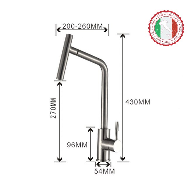 Vòi rửa chén nóng lạnh (cổ vuông, đầu xoay 4 phía) SUS304 + 2 dây cấp - Cao cấp ITALIA