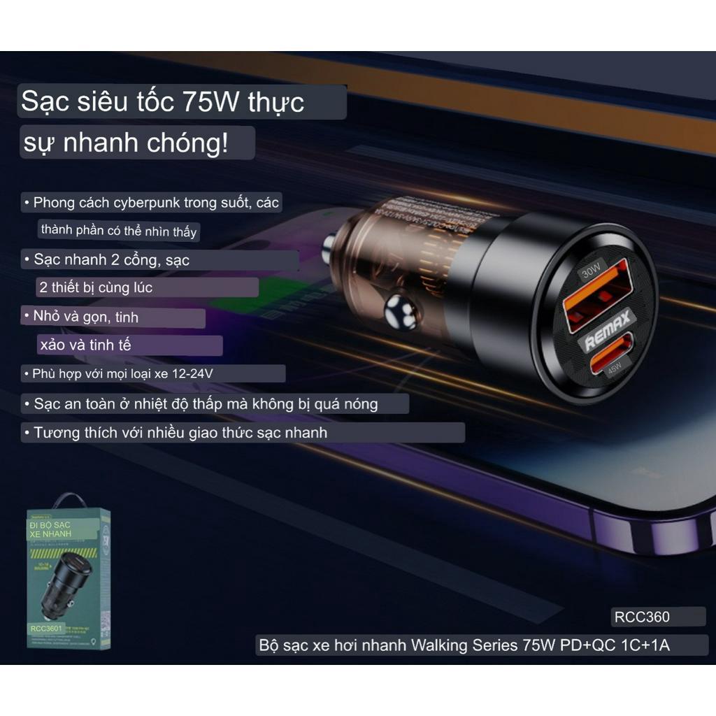 💕CHÍNH HÃNG💕 Bộ sạc ô tô Remax Car Charger 75W PD&QC  SẠC NHANH 20W 2 CỔNG 1 PD 1 USB TẨU XE HƠI
