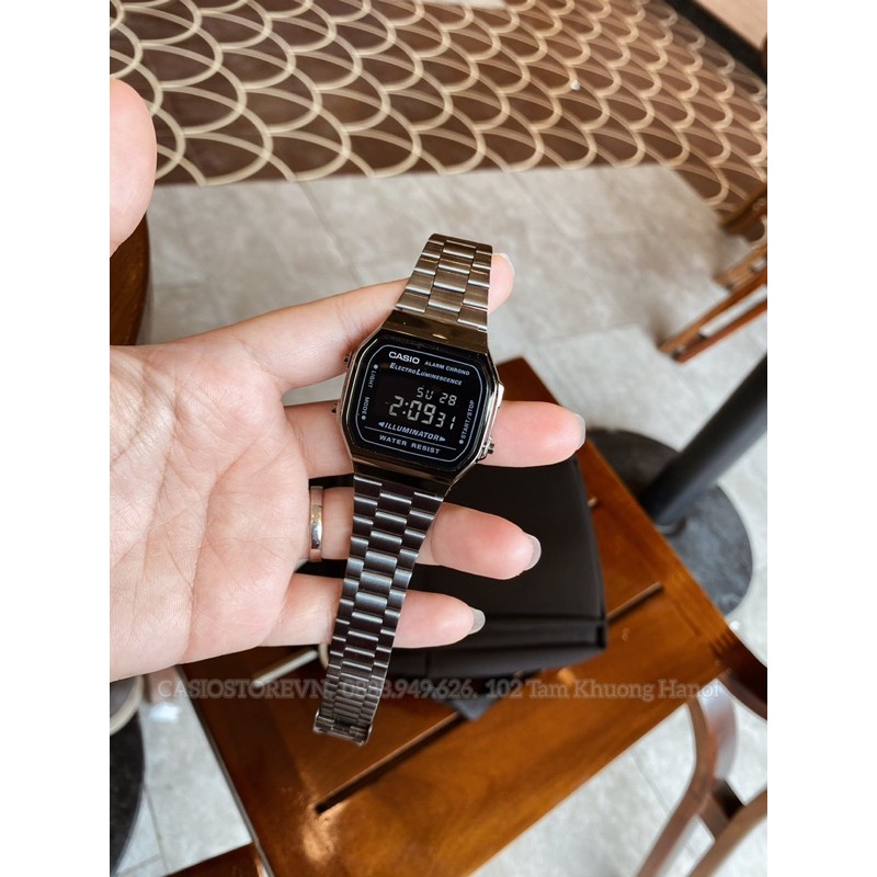 Đồng hồ Nam Casio A168WGG-1A, đồng hồ chính hãng, dây xám, mặt đen, màn hình trắng
