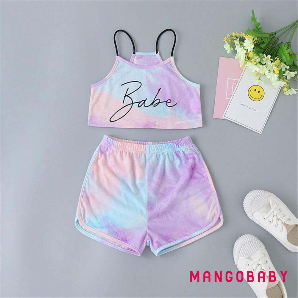 Bộ Áo Hai Dây + Quần Short Lưng Thun Co Giãn Màu Nhuộm Cho Bé Gái