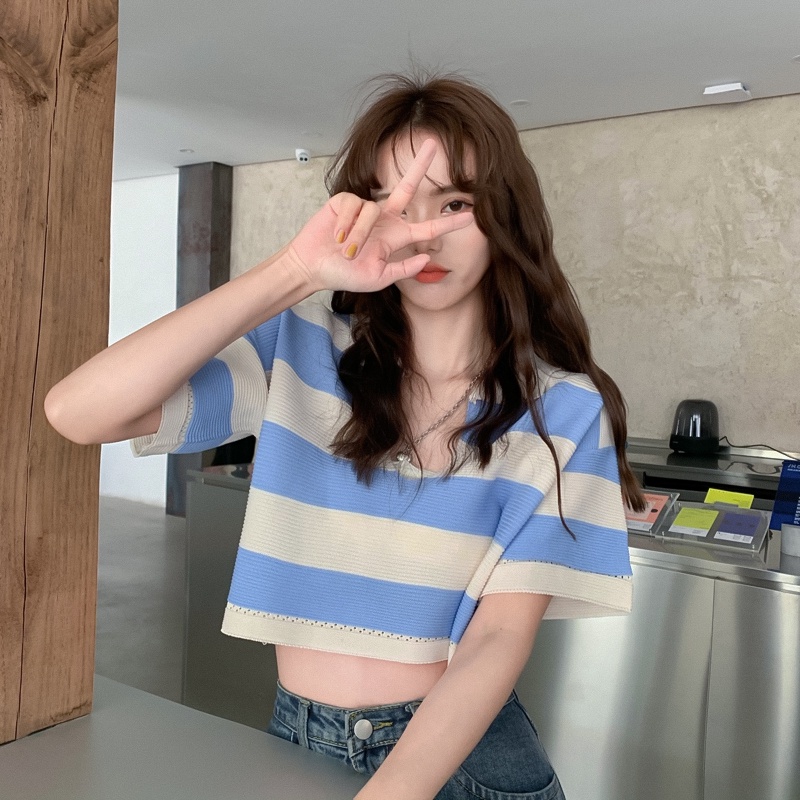 Áo thun dệt kim tay ngắn dễ phối đồ thời trang Hàn Quốc