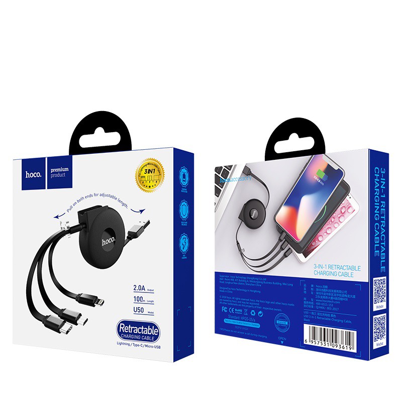 Dây, cáp sạc nhanh đa năng 3 trong 1 dạng dây rút Hoco U50 - bảo hành chính hãng