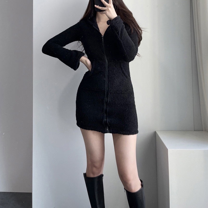 Rapcopter European and American lamb plush hat dress female zipper pocket slim look thin spicy girl hip skirt