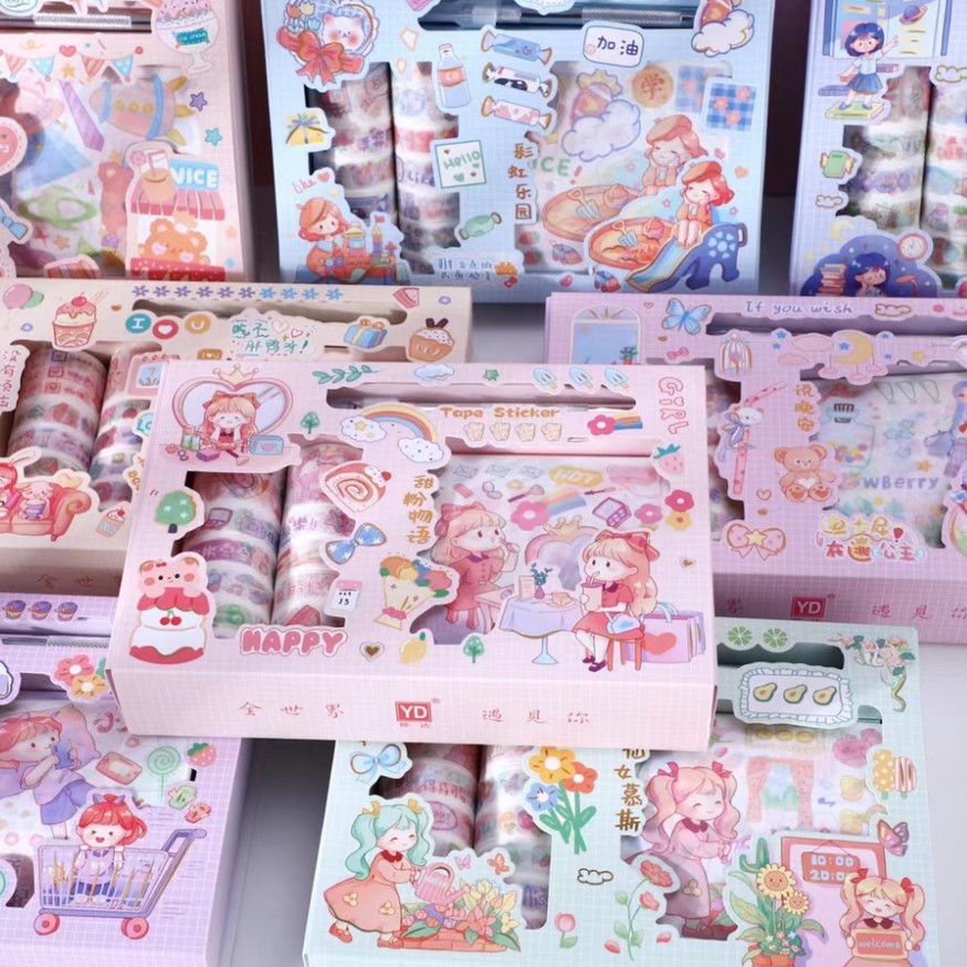 Hộp 23 món băng dính washi tape + sticker nhiều hình cute dễ thương dùng trang trí album sổ lưu niệm CREAMY WST166