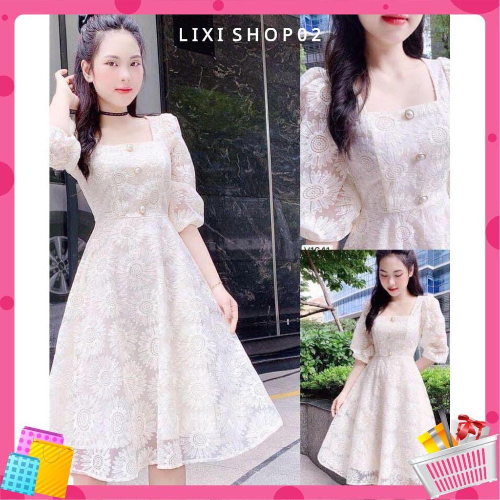 [vải tốt chất đẹp] Đầm nữ ren trắng cổ vuông hoa cúc siêu xinh Doris Dress có lót toàn thân