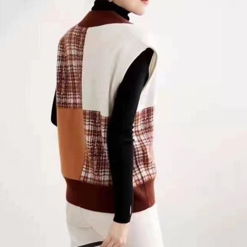 Áo Len Không Tay Cổ Chữ v Form Rộng Họa Tiết Sọc Caro Phong Cách Retro Hàn Quốc