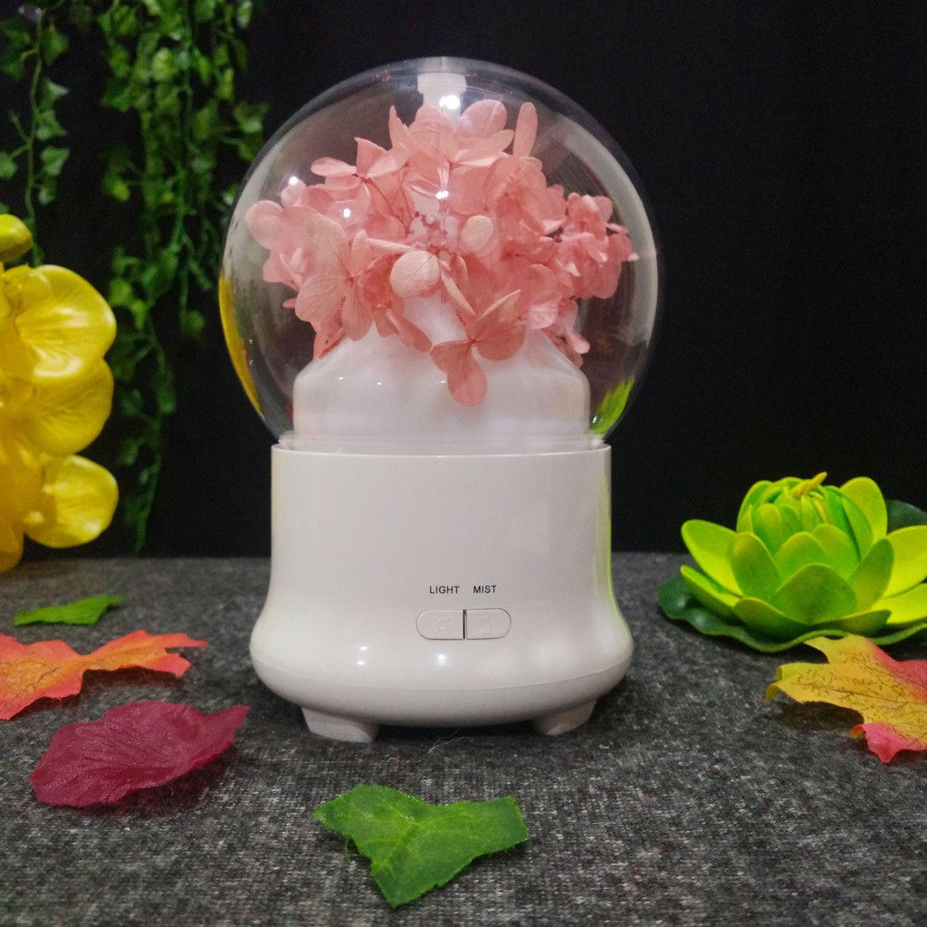 Máy khuếch tán tinh dầu quả cầu hoa tặng kèm 2 chai tinh dầu nguyên chất 10ml sả chanh và bạc hà