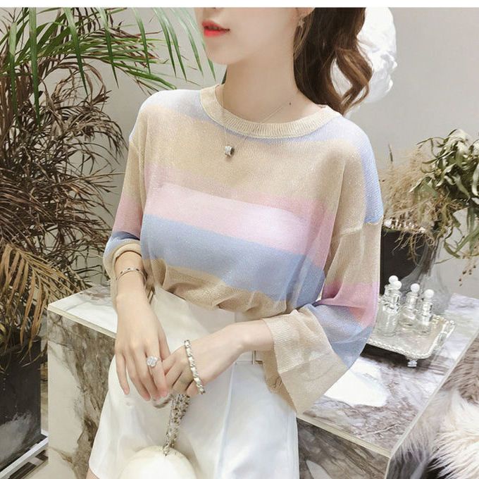 Áo Thun Nữ Dài Tay Cổ Tròn Sọc Ngang Thời Trang Hàn