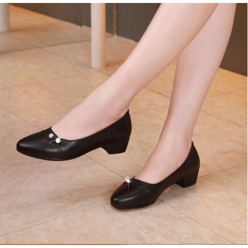 Hàng VNXK_M12_Giày cao gót nữ da lì 4cm siêu mềm êm chân đính ngọc xinh xắn kèm hình thật
