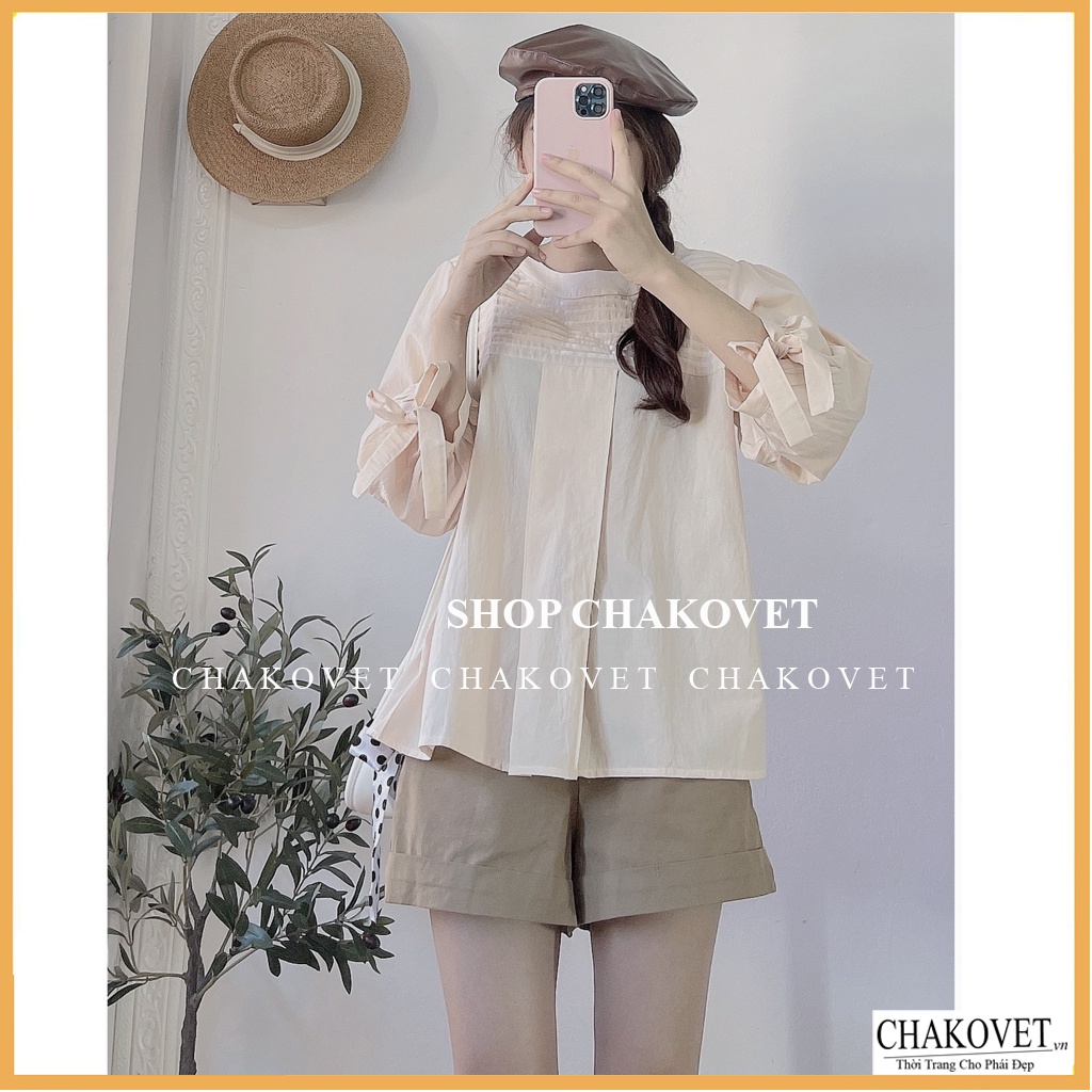 Áo sơ mi nữ tay lỡ trắng be CKA874, kiểu áo nữ thiết kế tay phồng thắt nơ cổ tròn xếp ly thời trang hàn quốc sang trọng | BigBuy360 - bigbuy360.vn