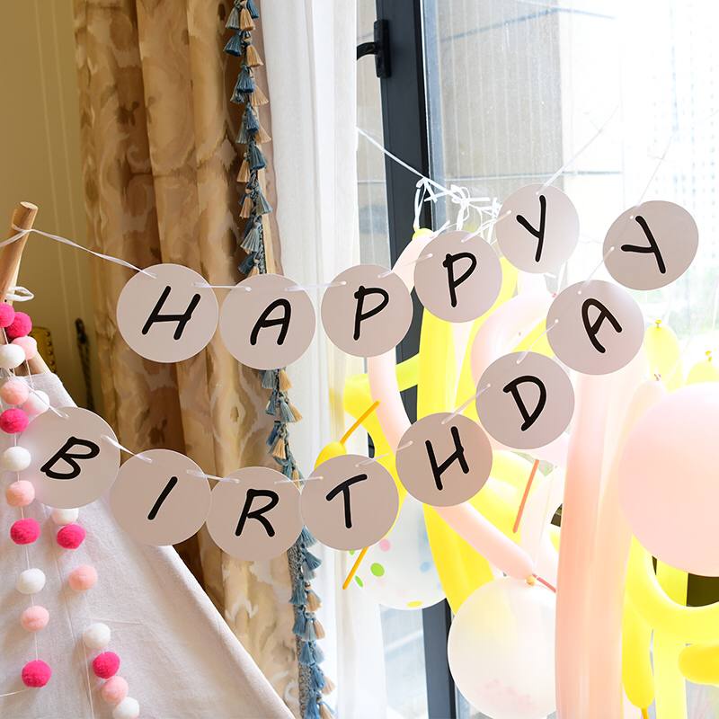 Dây chữ Happy Birthday tròn trắng trang trí sinh nhật phong cách Hàn Quốc