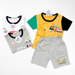 Bộ Cộc Tay Cho Bé Trai Minky Mom Vải Thun Lạnh Họa Tiết Ô Tô Quần Cạp Có Túi, Bộ Quần Áo Trẻ Em MKM2130