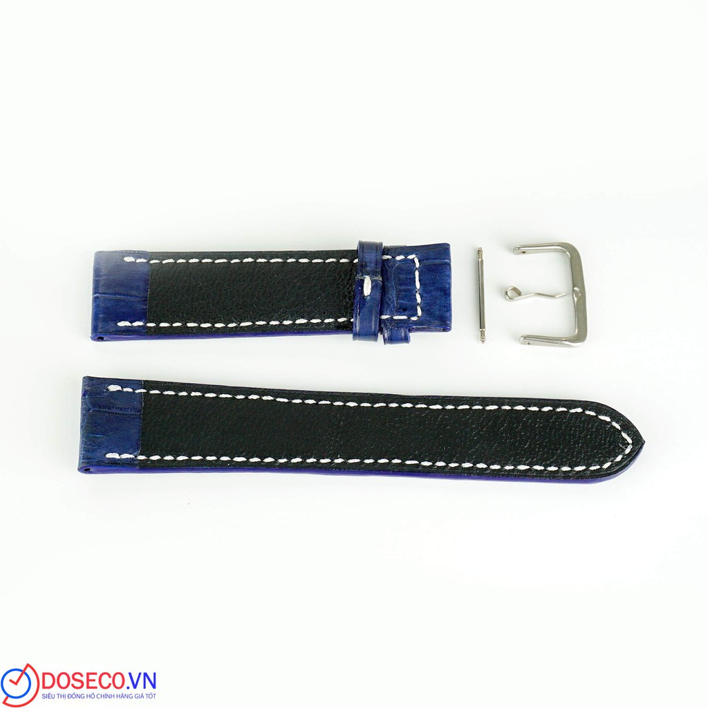 Dây da đồng hồ da cá sấu handmade xanh navy chỉ trắng