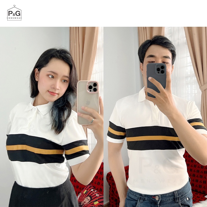 Áo Thun Polo nam nữ cặp đôi Premium, tay ngắn, cổ trụ - màu trắng, phối kẻ ngang vàng đen