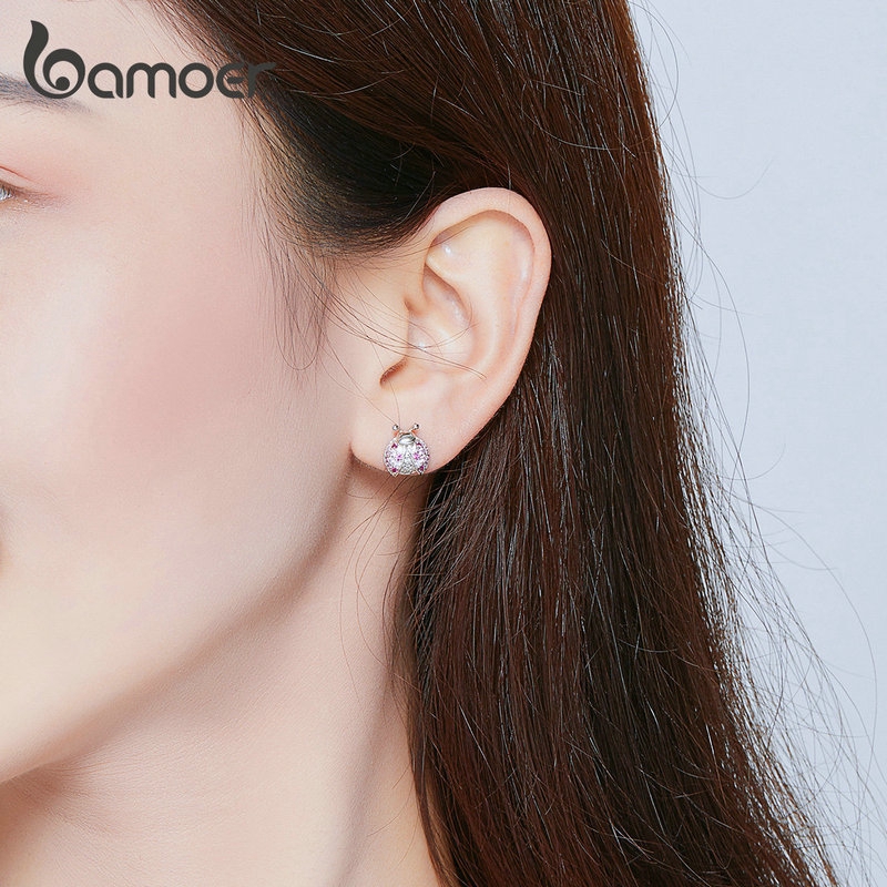 Khuyên tai Bamoer SCE715 xi bạc 925 hình chú bọ rùa đính đá màu hồng thời trang cho nữ