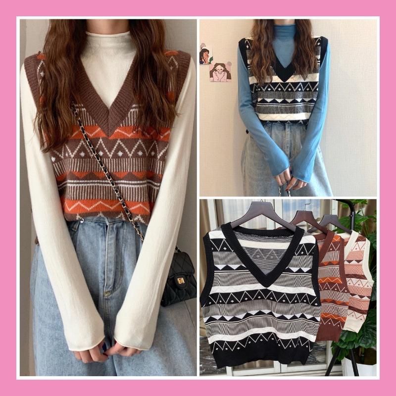 Áo len gile nữ hàn quốc from rộng họa tiết thổ cẩm phong cách Ulzzang xinh xắn Quảng châu LOẠI 1 siêu đẹp AL08