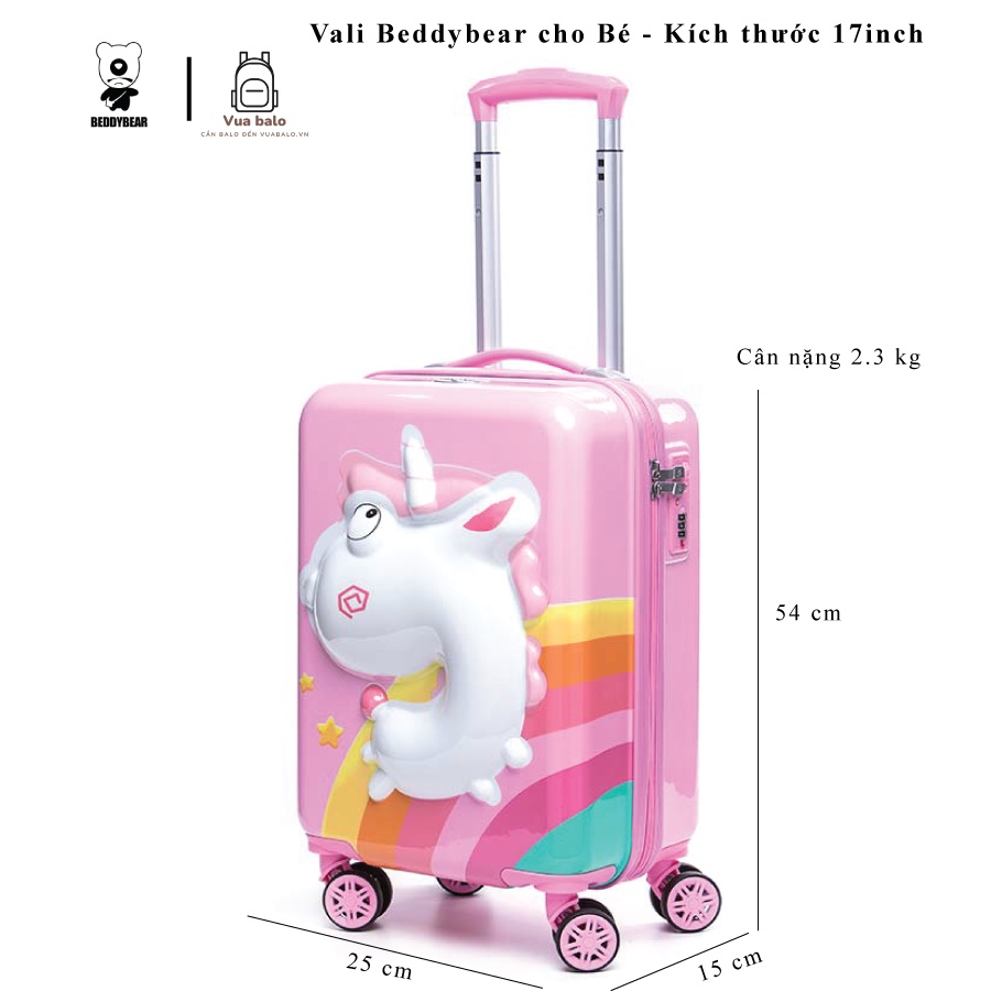 HOT Vali Kéo BeddyBear cho Bé 17 inch in hình Kỳ Lân 3D chống va đập bánh