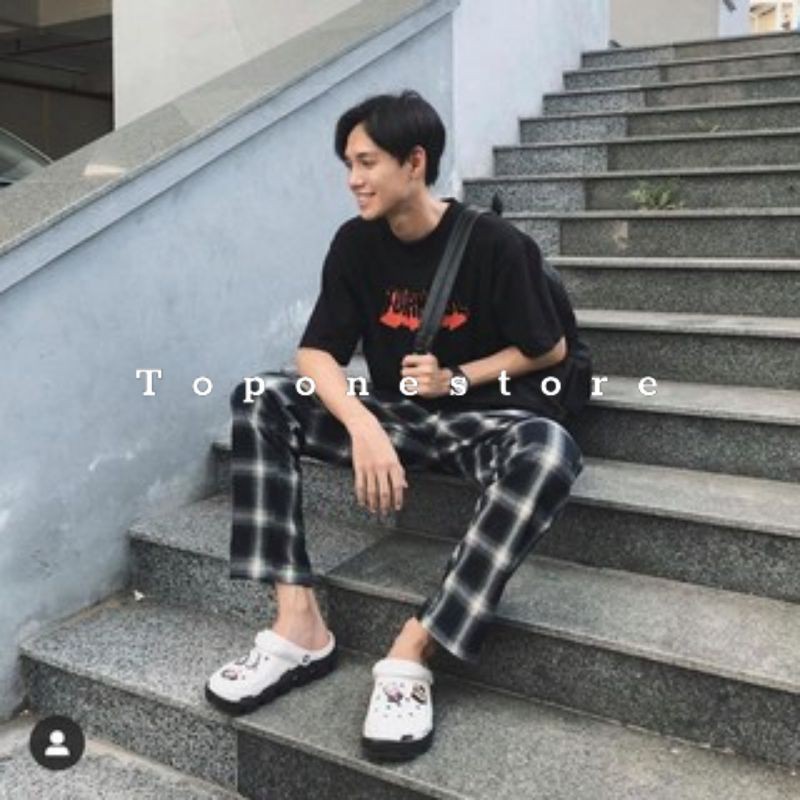 Quần kẻ sọc caro nam nữ đen, đỏ dáng suông phong cách Hàn Quốc quần cá tính