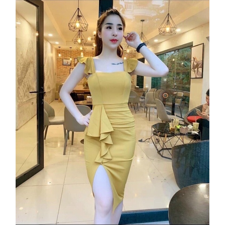 Đầm Body ⚡𝙎𝙄𝙀̂𝙐 𝙎𝘼𝙇𝙀⚡ Đầm Ôm Nữ Cánh Tiên Phối Bèo Xẻ Tà Dễ Thương - 65092