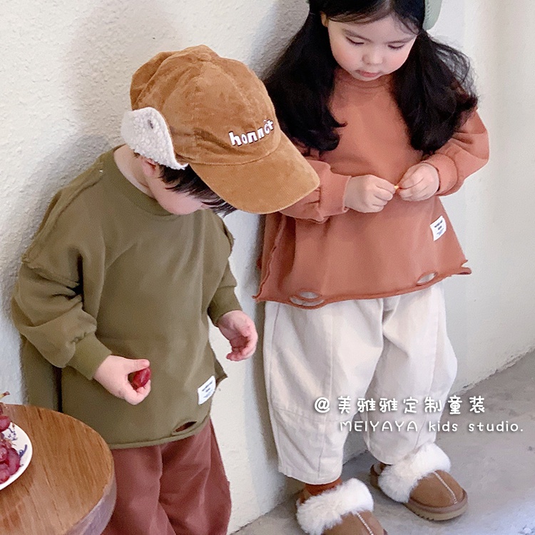 [Hàng Có Sẵn Mới Về] Set Áo Sweatshirt Phối Rách Phong Cách Hàn Quốc Cho Bé Trai Và Bé Gái