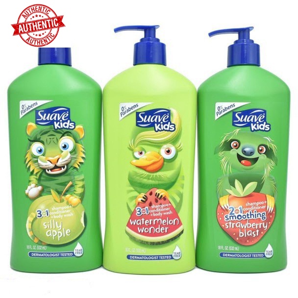 [USA] Sữa tắm, gội & Xả 3in1 cho Bé Suave Kid chai vòi 532ml Táo, Dưa hấu, Dâu không cay mắt - Mỹ