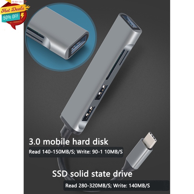 Bộ Chia Cổng Usb 3.0 Type-c 5 Trong 1 Bằng Hợp Kim Nhôm Cho Máy Tính