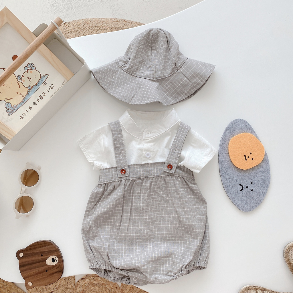 Set áo sơ mi mũ và quần yếm họa tiết kẻ sọc xinh xắn dành cho bé trai sơ sinh