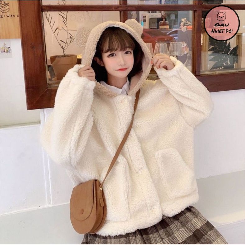 [Gấu Nhiệt Đới] Áo Khoác Lông Cài Khuy Mũ Trùm Tai Gấu Nâu Freesize