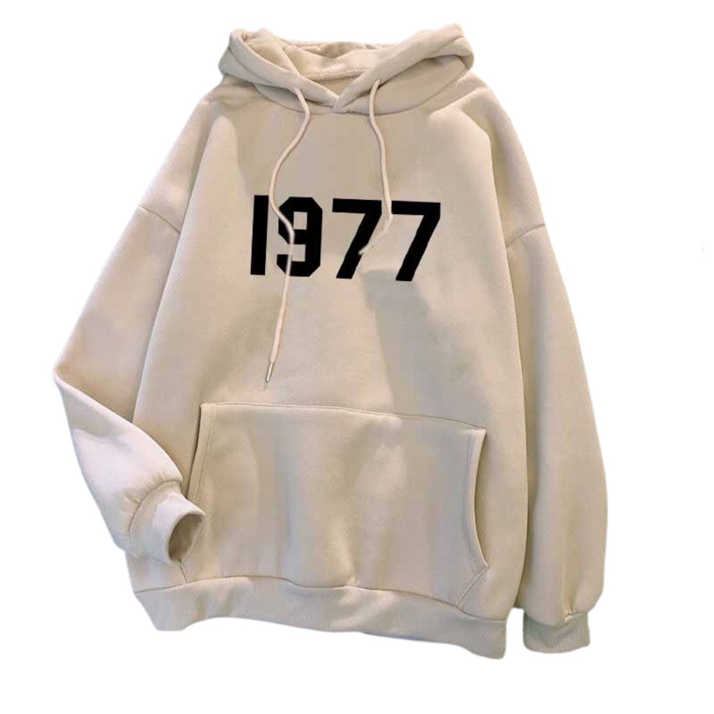 Áo Hoodie chân cua In số 1977 unisex dành cho nam và nữ có mũ form rộng BASIC - Đen Xám Trắng Kem