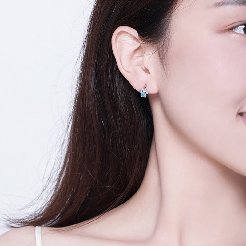 Bông tai BAMOER bạc 925 hình tròn phối mặt dấu chân mèo đính đá zircon thời trang