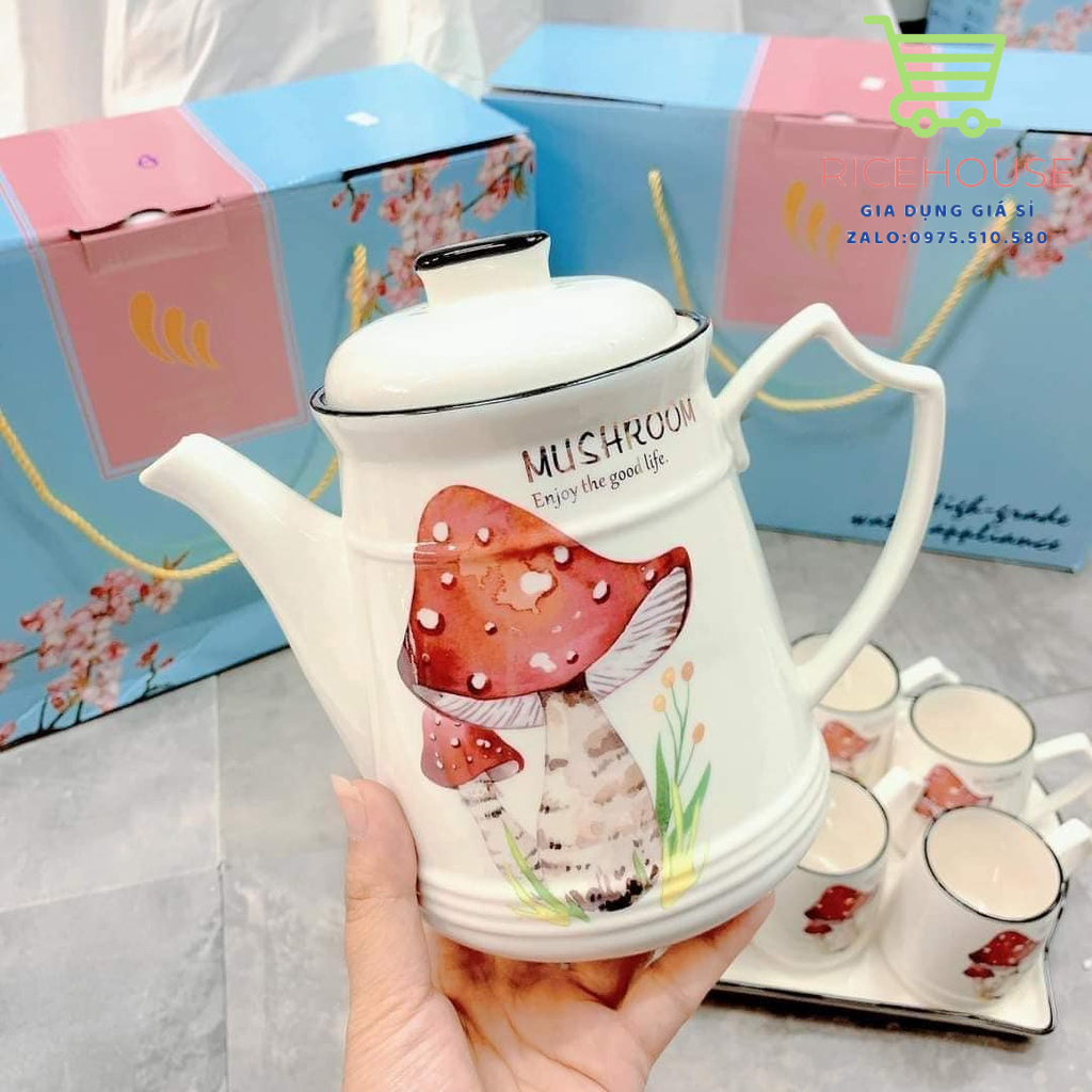 Sét 6 cốc, 1 ấm, 1 khay uống trà siêu đẹp-giao ngẫu nhiên