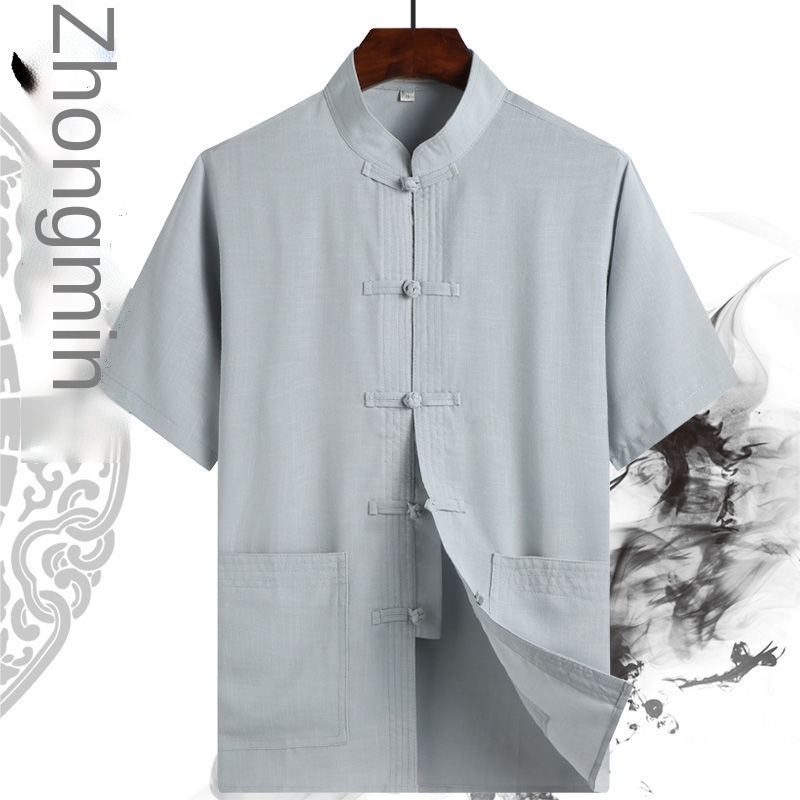 Áo sơ mi tay ngắn vải lanh cotton phong cách Trung Hoa thời trang mùa hè cho nam trung niên 50 tuổi 60 tuổi