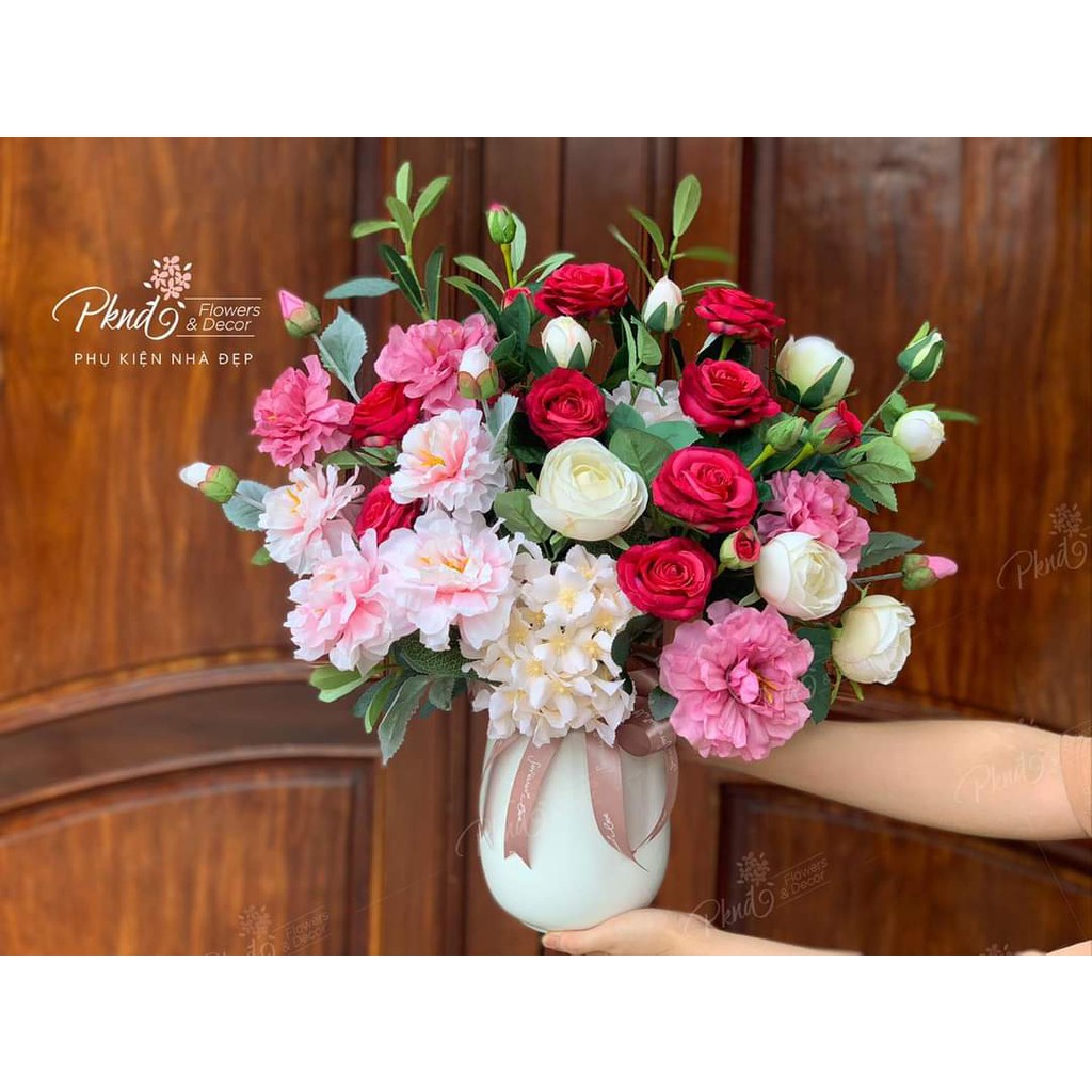 Bình hoa giả hoa hồng mẫu đơn lụa trang trí phòng khách đẹp PKND BH44