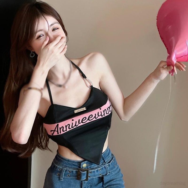 Áo Croptop Hai Dây Ôm Dáng Màu Sắc Tương Phản In Chữ Phong Cách Hàn Quốc Dành Cho Nữ