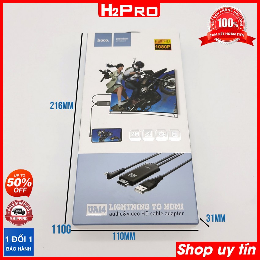 Cáp Lightning sang HDMI Hoco UA14 H2Pro dài 2M chính hãng, dây kết nối điện thoại với tivi dành cho Iphone