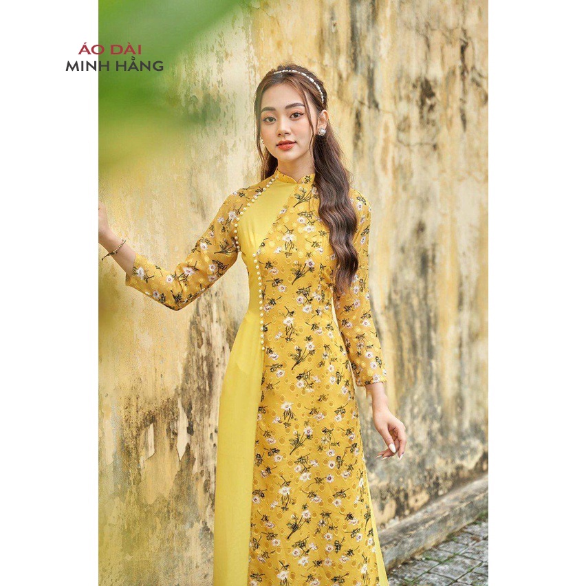 Áo Dài Cách Tân Hoa Nhí May Sẵn Thiết Kế Truyền Thống Cách Điệu Đính Đá Ngọc Cao Cấp Bigsize, Áo Dài Minh Hằng- MH003